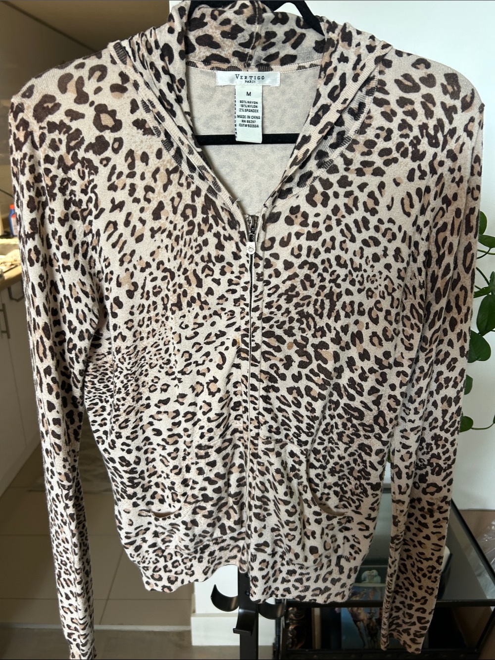 Vertigo Paris Leopard Zip-Up Cardigan in Beige and Brown with hood. Side pockets